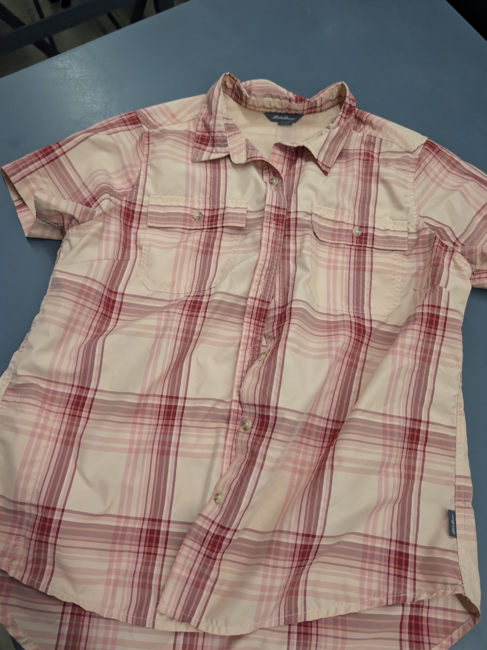 Eddie Bauer Women's Plaid Short Sleeve Hiking Adventure Button Up Shirt Pink Red